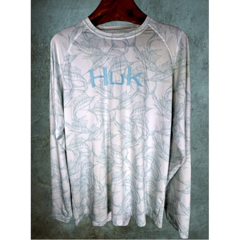 HUK Fishing Performance Shirt Men's L White Aqua Long Sleeve Blue Marlin Graphic